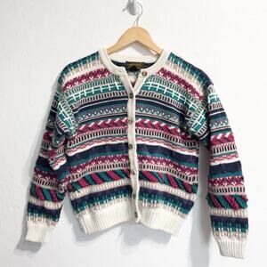 Vintage Eddie Bauer Cardigan Small Sweater Cotton Cottage Green Pink Pattern